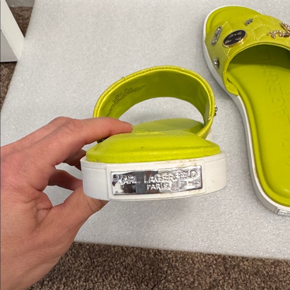 Karl Lagerfeld Lime Green Quilted Slide Sandals with Charms - Picture 4 of 5